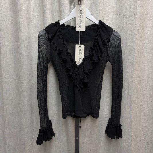 Black Mesh Long Sleeve Top with Ruffled Hems