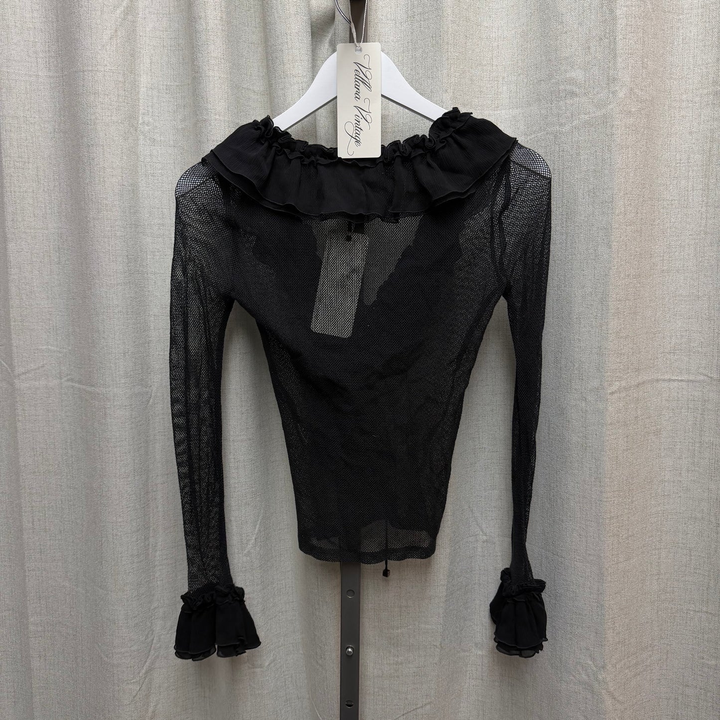 Black Mesh Long Sleeve Top with Ruffled Hems