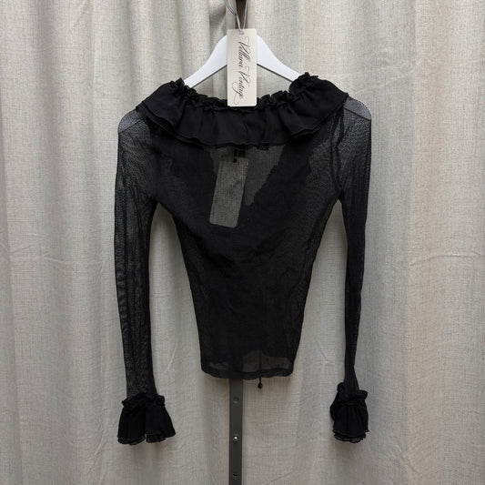Black Mesh Long Sleeve Top with Ruffled Hems