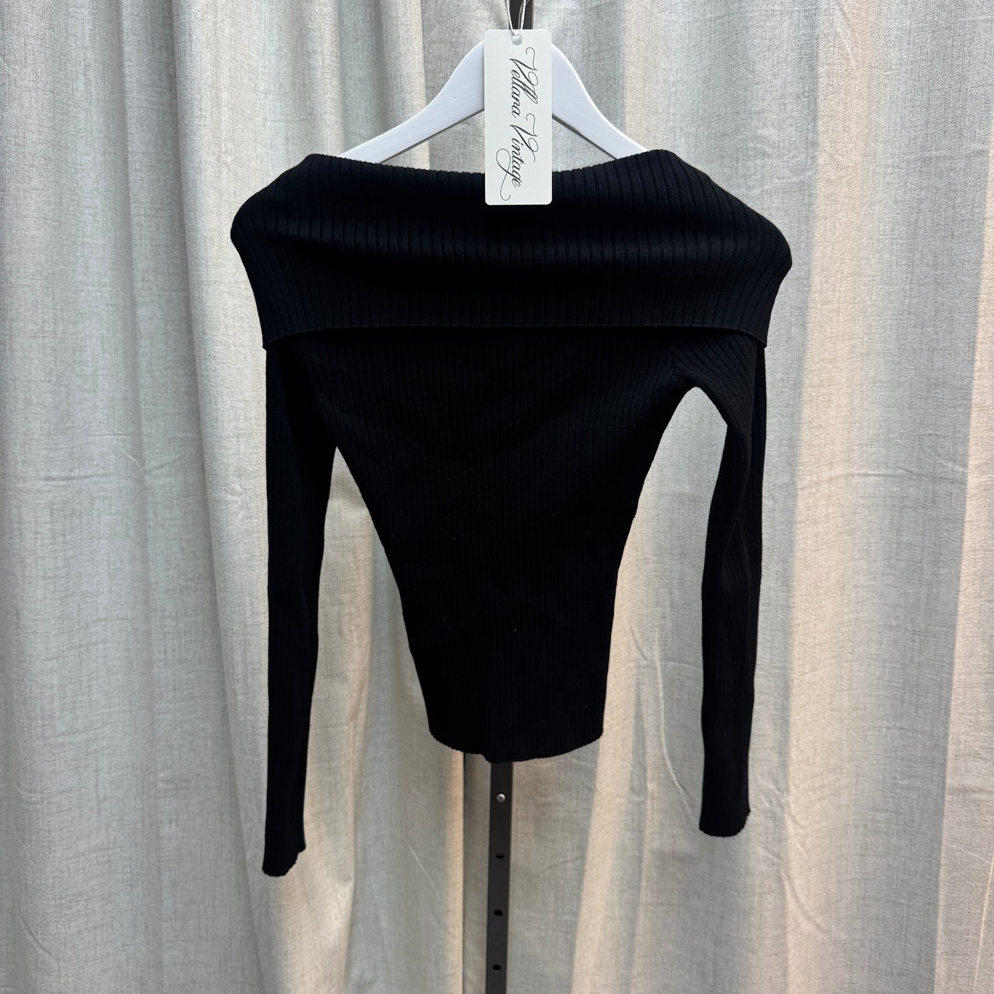 Courrèges Black Rib Knit Fold-Over Collar Cardigan