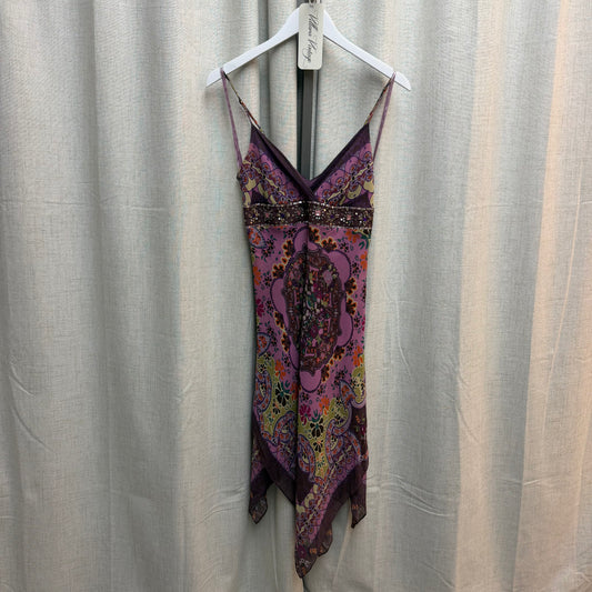 100% Silk Purple Paisley Print Midi Dress