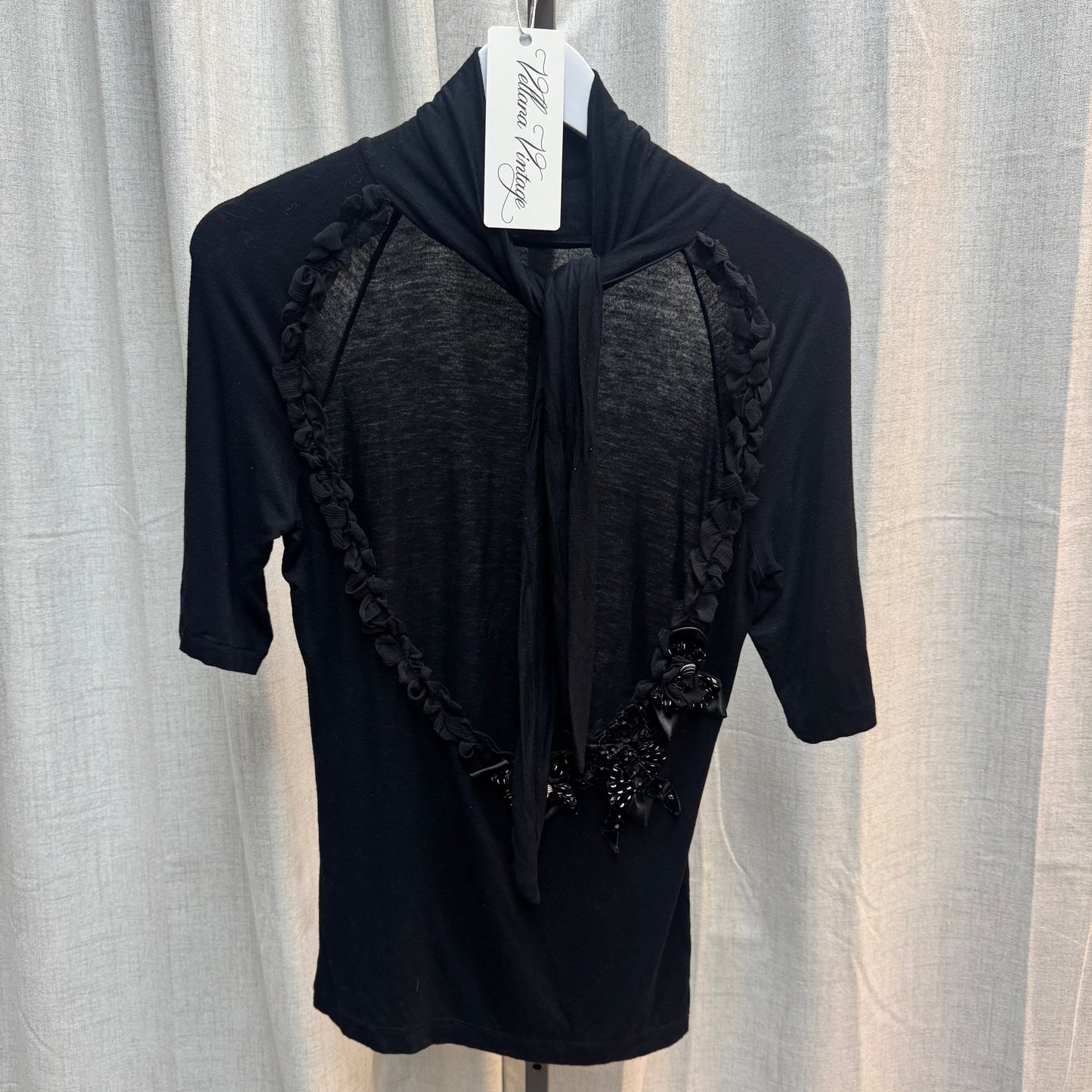 AnnaRita N Black Open-Back Sheer Mock Neck Top