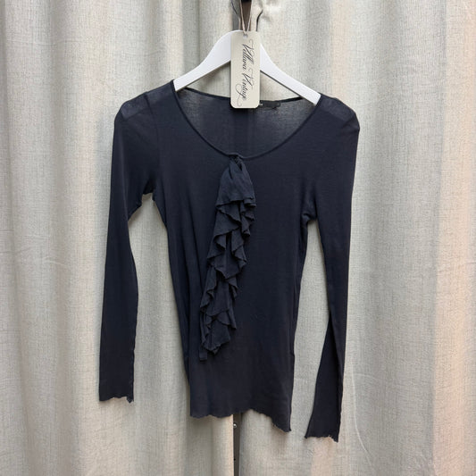 La Fee Maraboutee Navy Blue Sheer Ruffle Long Sleeve Top