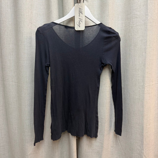 La Fee Maraboutee Navy Blue Sheer Ruffle Long Sleeve Top