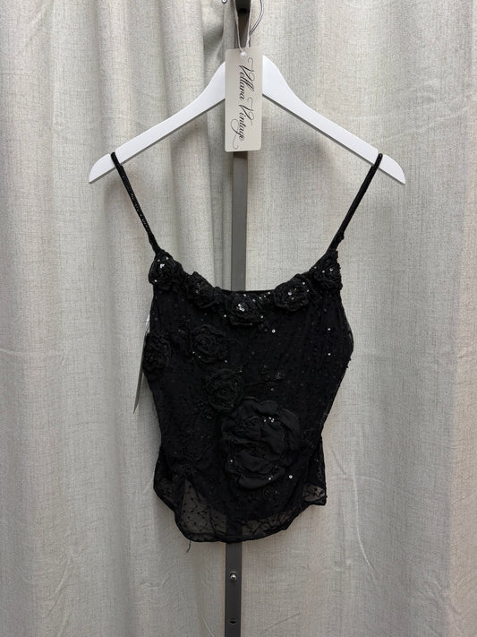 Black Beaded Mesh Tank with Rosettes
