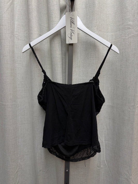 Black Beaded Mesh Tank with Rosettes