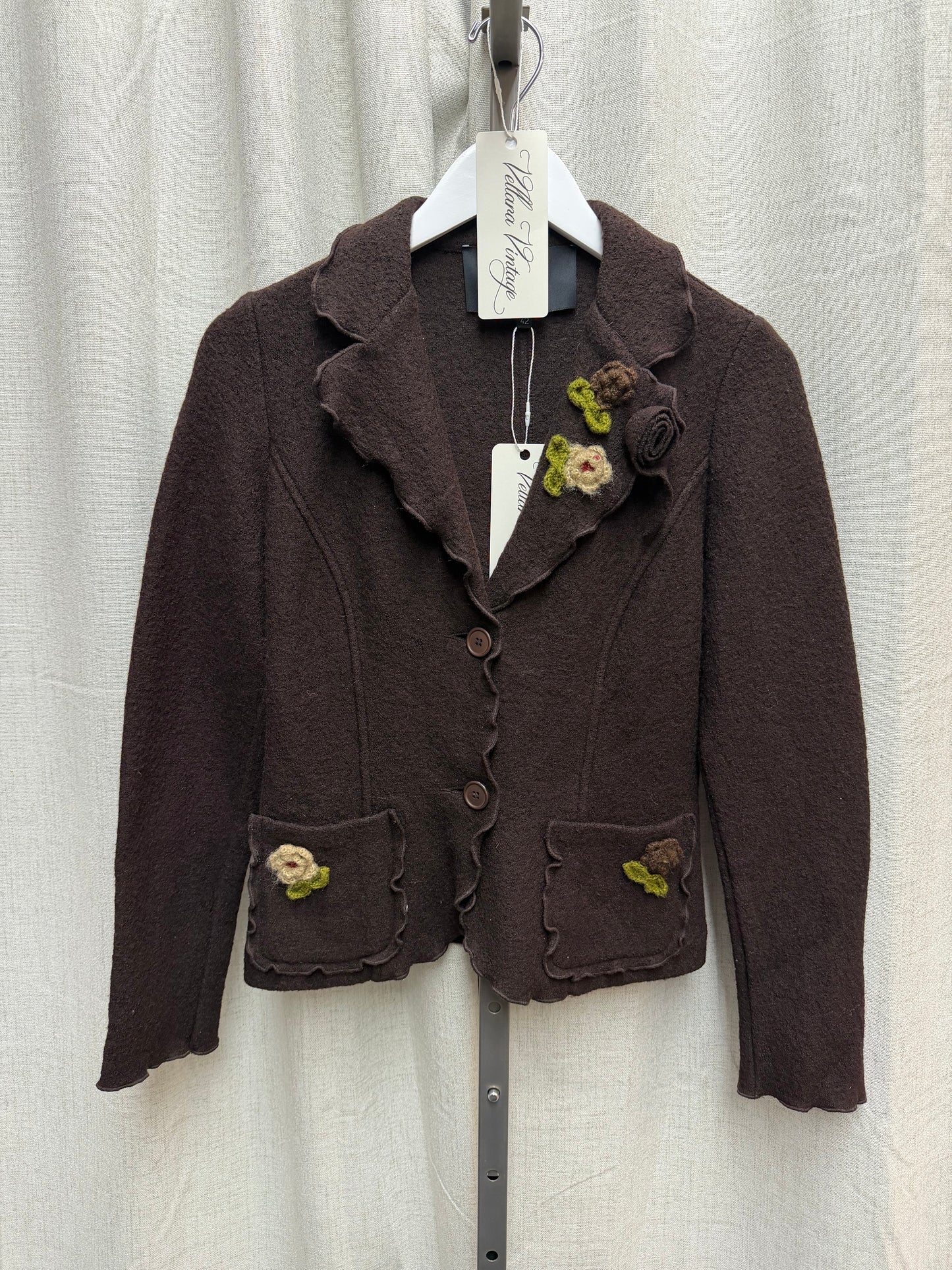 Brown Merino Wool Blend Cardigan with Rosettes