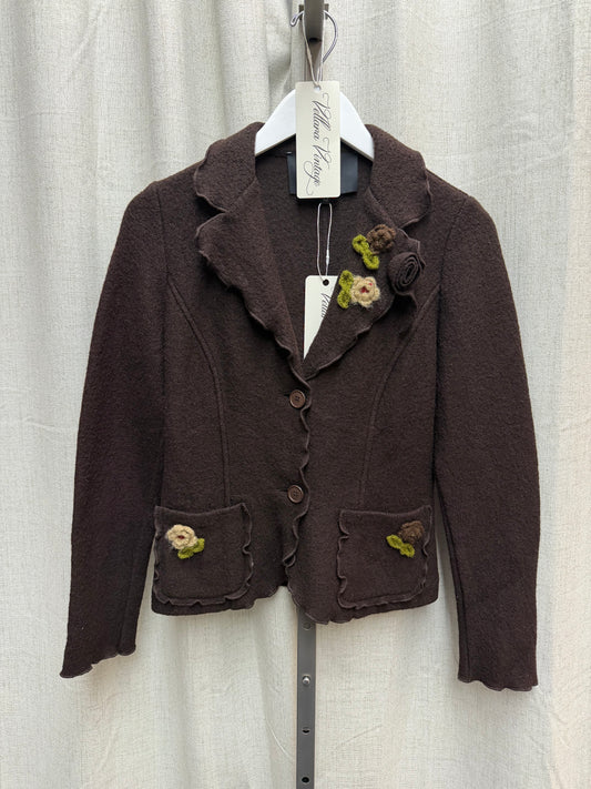 Brown Merino Wool Blend Cardigan with Rosettes