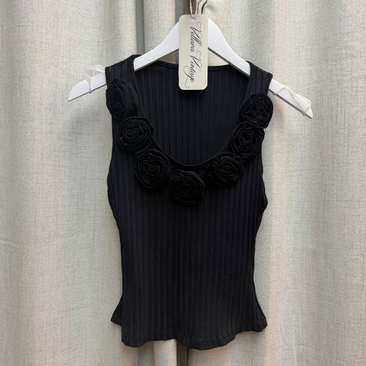 Blanc Nature Black Ribbed Tank with Flower Appliques