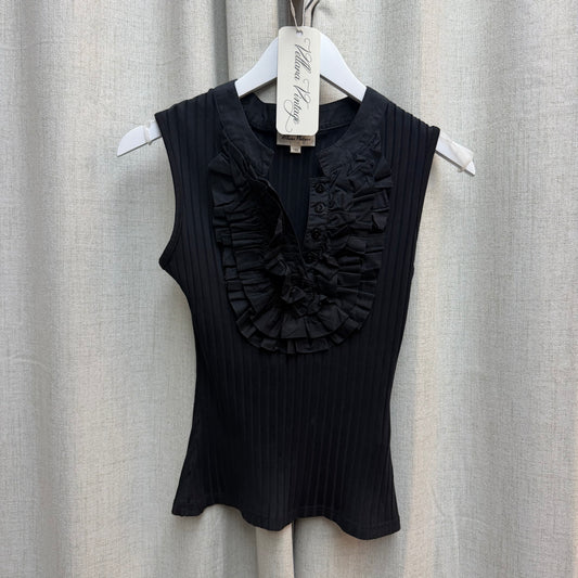 Blanc Nature Black Sleeveless Ribbed Ruffle Button Down Top
