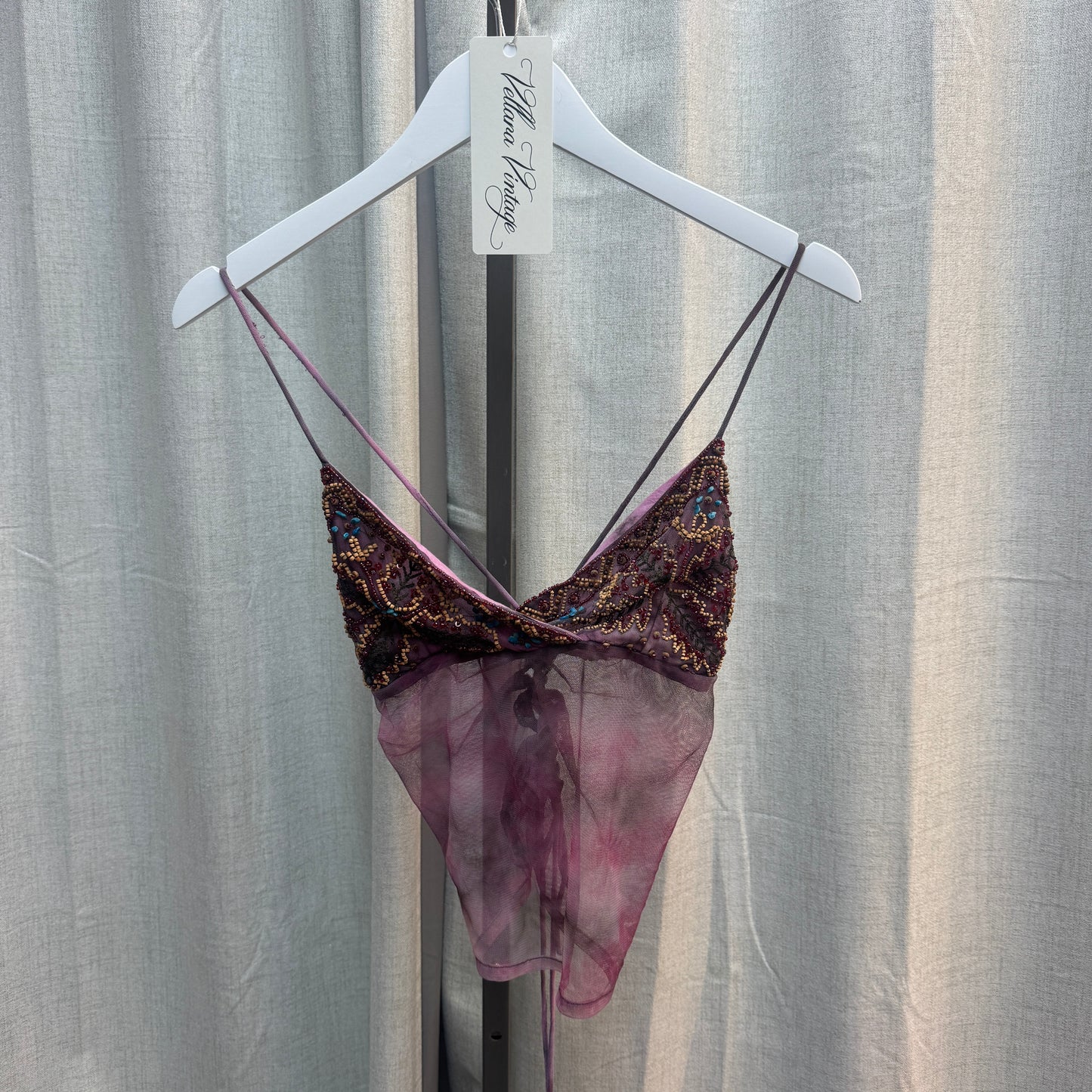Purple Sheer Beaded Lace-Up Tank Top