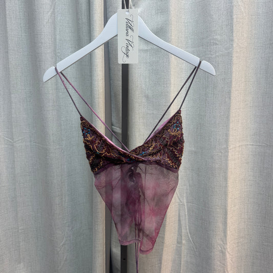 Purple Sheer Beaded Lace-Up Tank Top