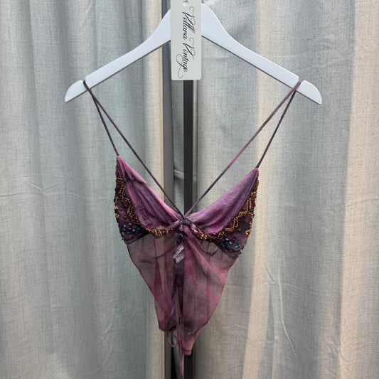 Purple Sheer Beaded Lace-Up Tank Top