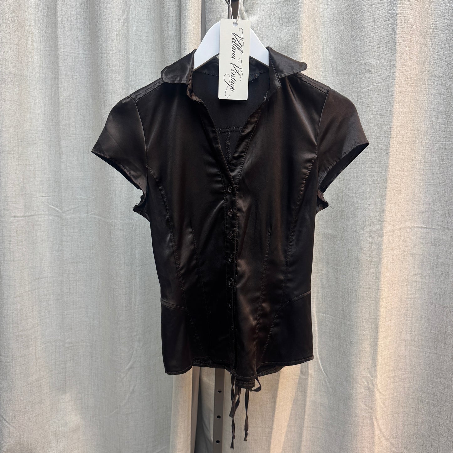 Chocolate Brown Satin Lace-Up Button Down Blouse