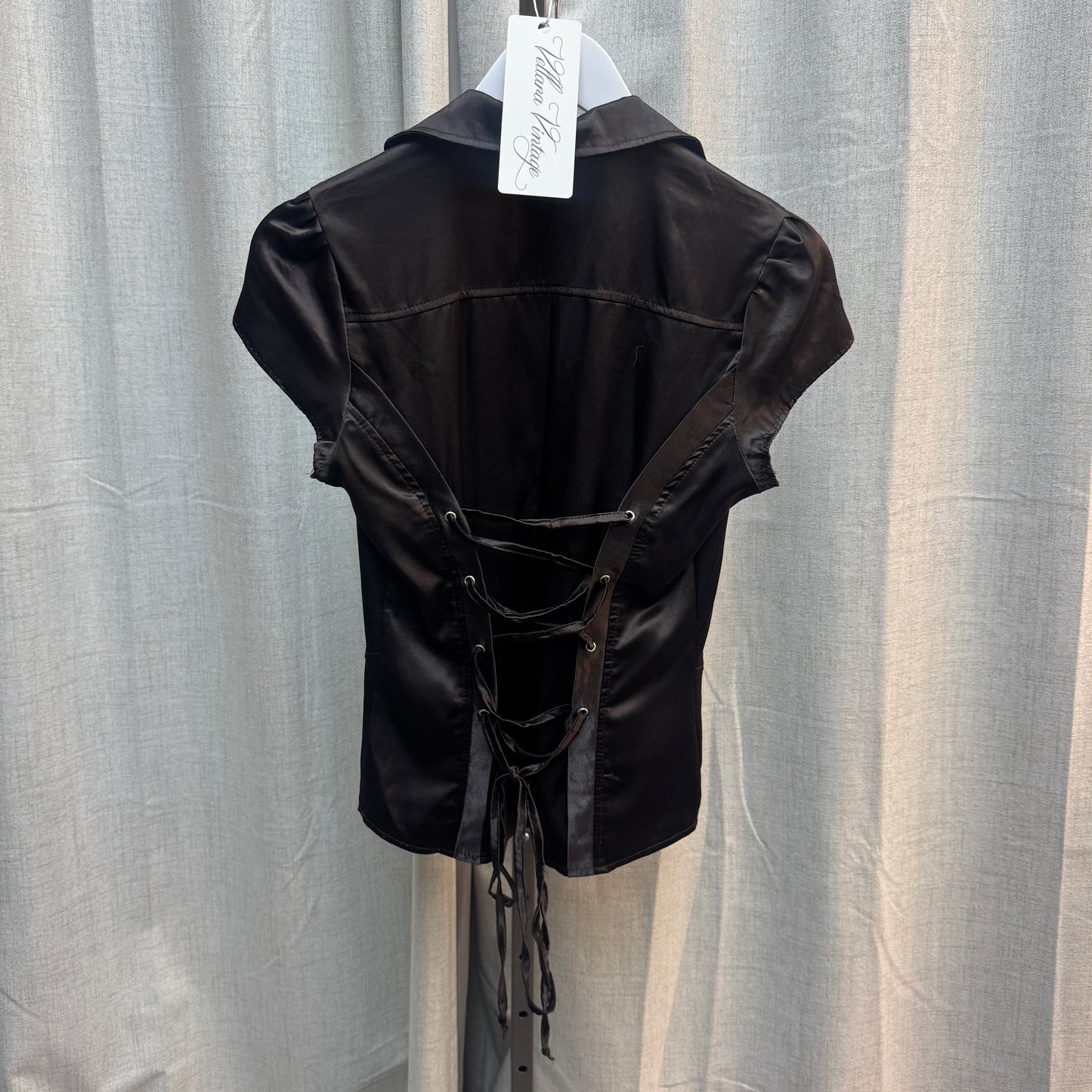 Chocolate Brown Satin Lace-Up Button Down Blouse