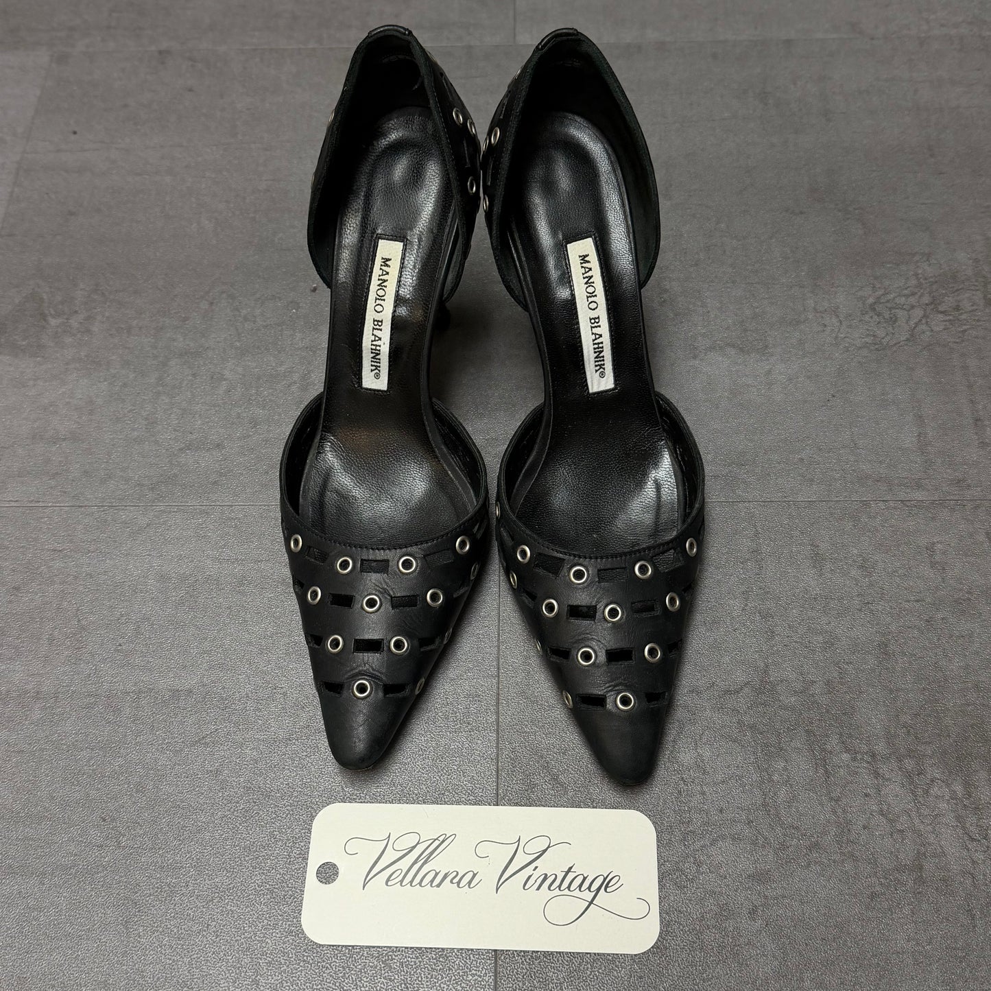 Manolo Blahnik Black d'Orsay Pumps with Silver Grommets