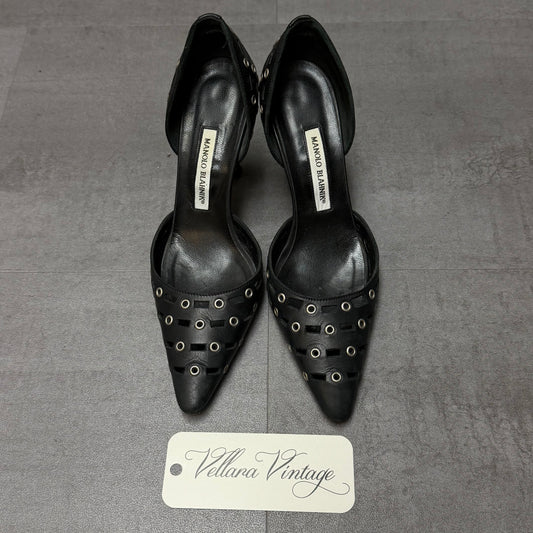 Manolo Blahnik Black d'Orsay Pumps with Silver Grommets