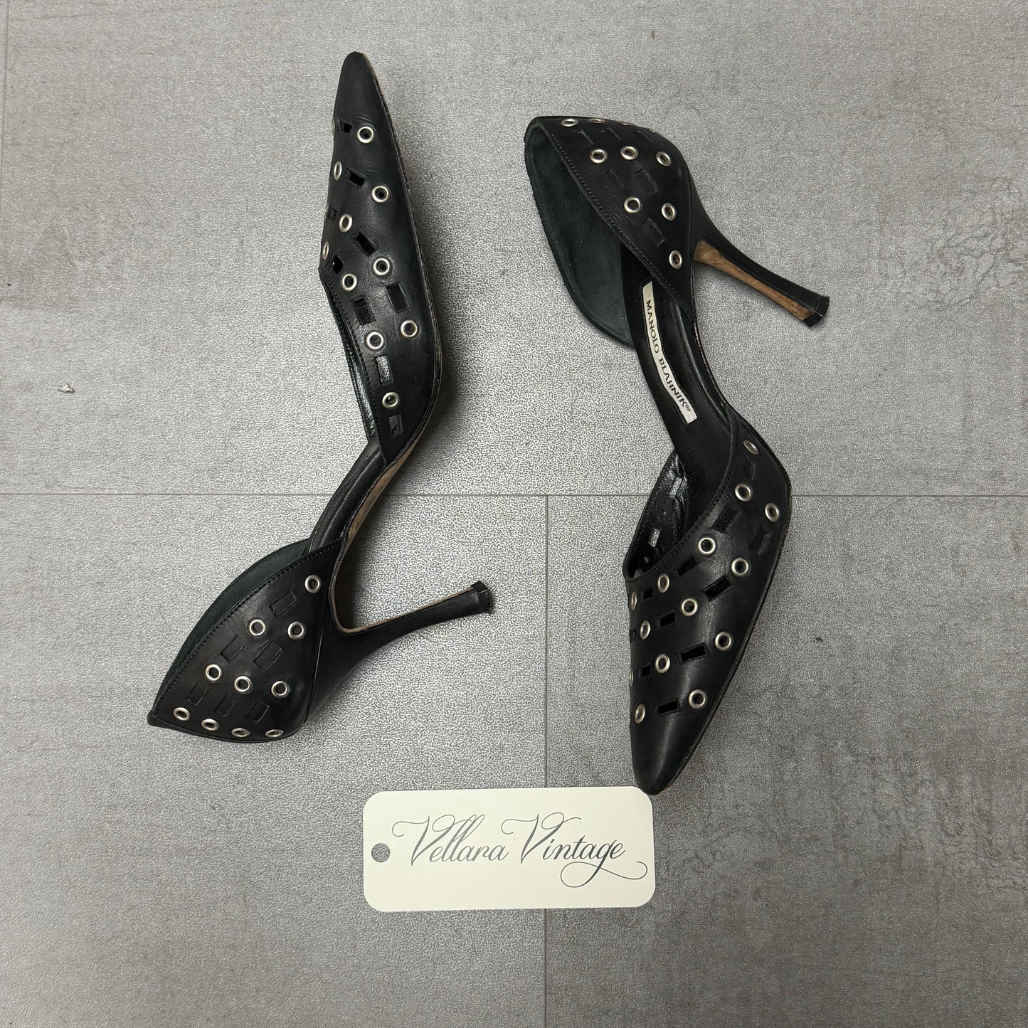 Manolo Blahnik Black d'Orsay Pumps with Silver Grommets