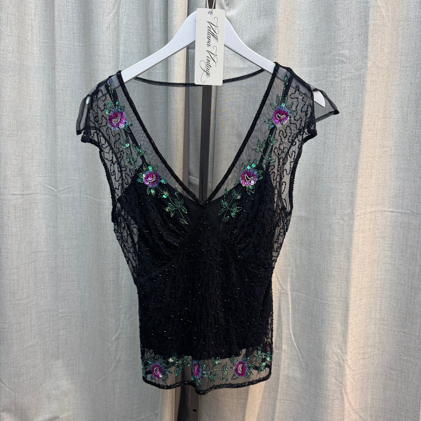 Black Layered Sheer Beaded Floral Short Sleeve Blouse