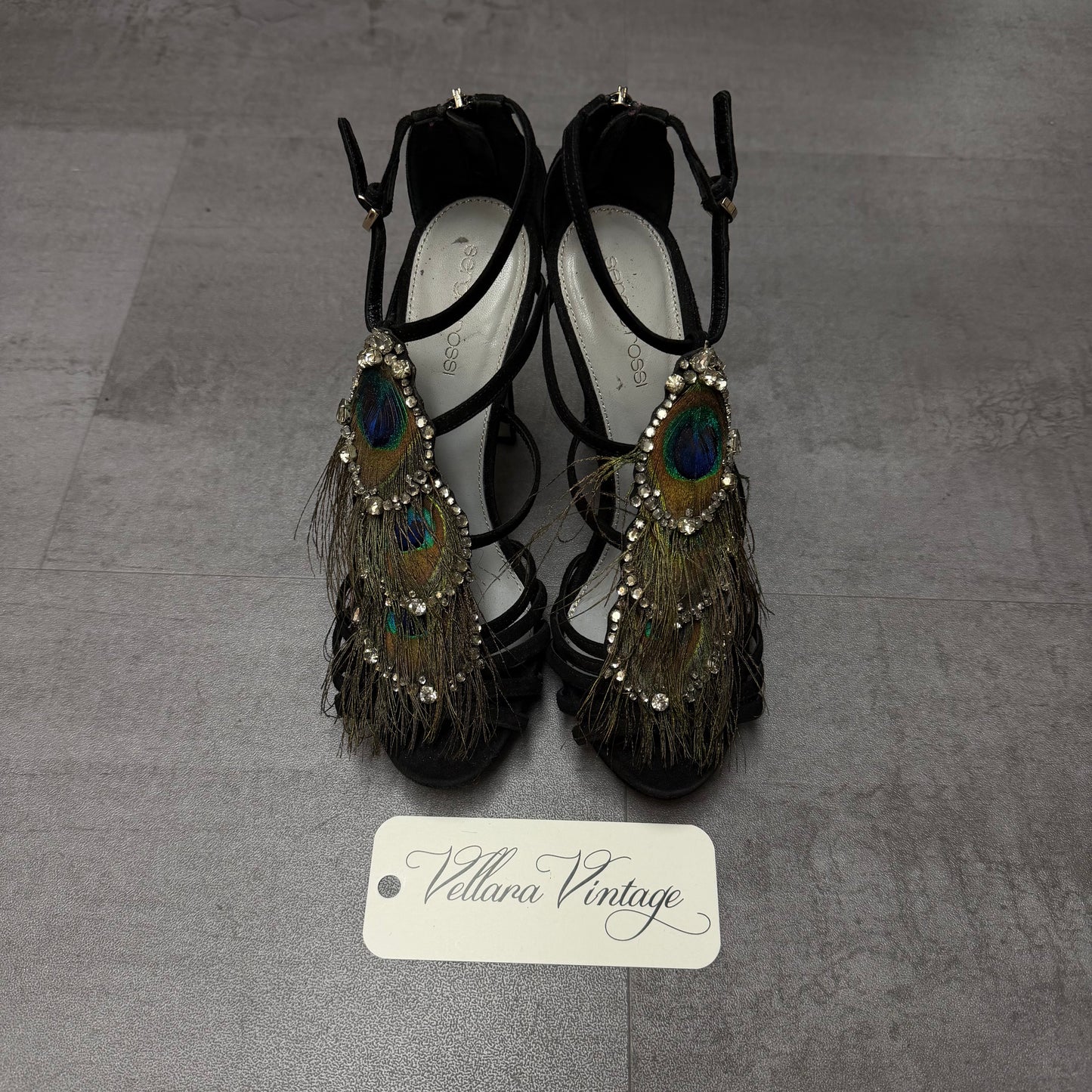 Sergio Rossi Black Suede Crystal and Peacock Pumps