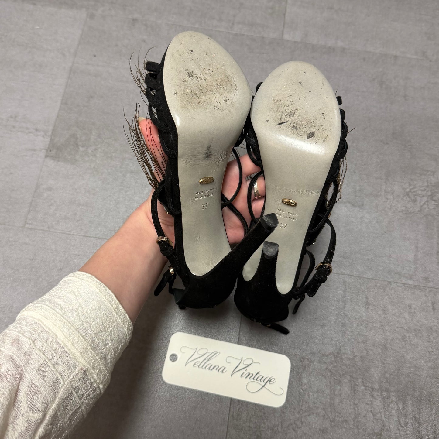 Sergio Rossi Black Suede Crystal and Peacock Pumps