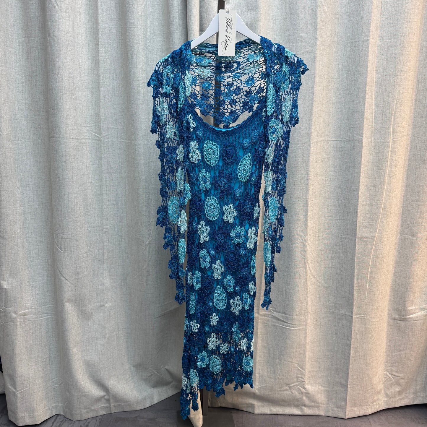 Nicowa Blue Crochet Midi Dress With Shawl