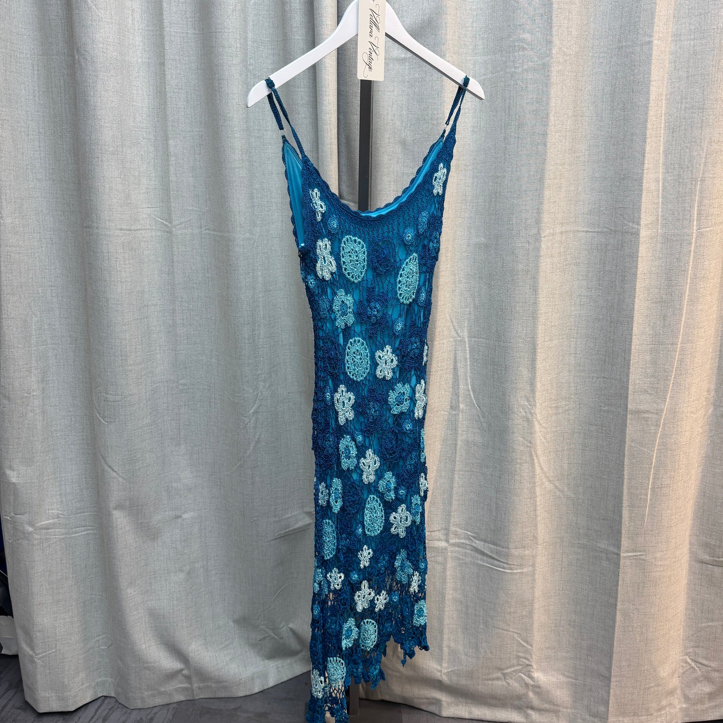 Nicowa Blue Crochet Midi Dress With Shawl
