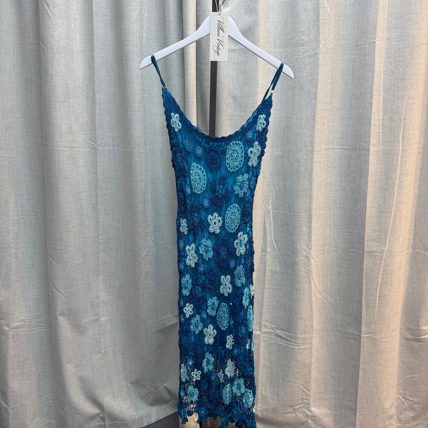 Nicowa Blue Crochet Midi Dress With Shawl