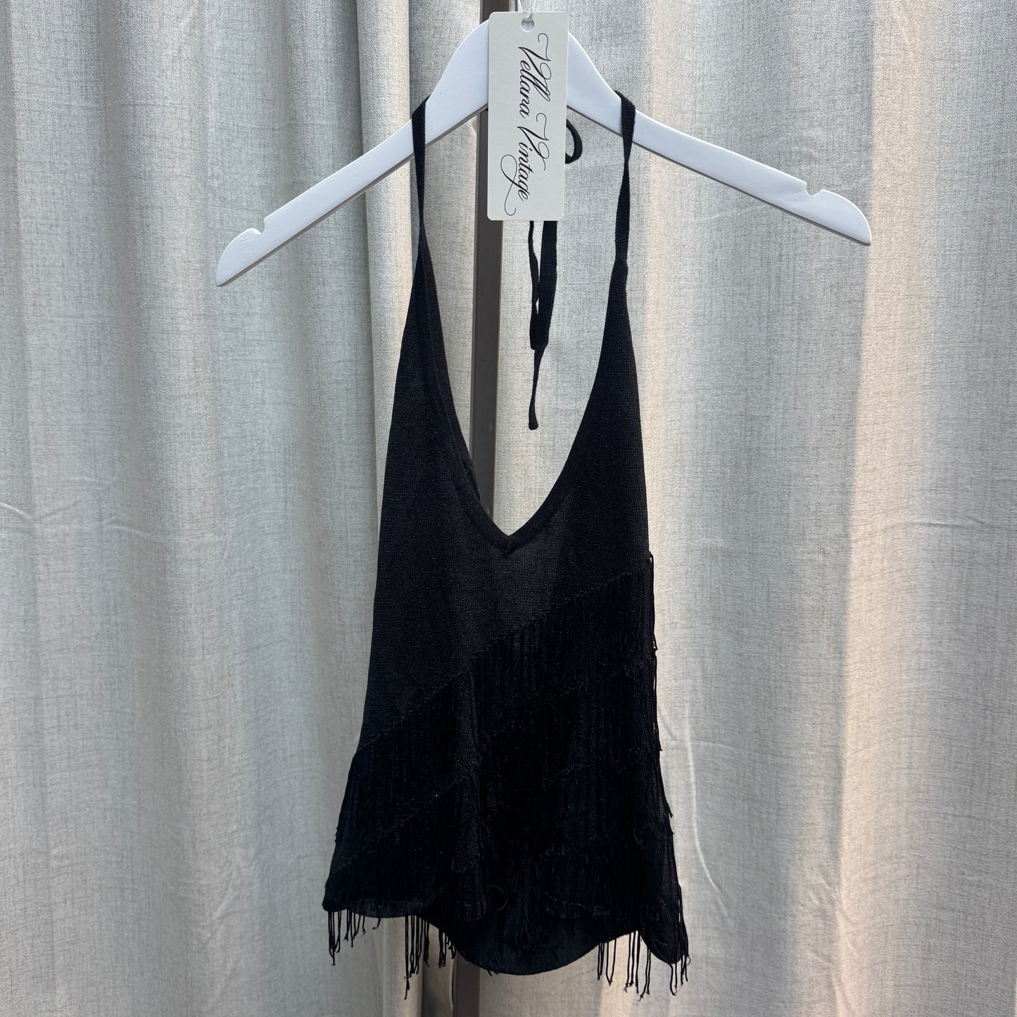 Morgan de Toi Sparkly Black Fringe Halter Top