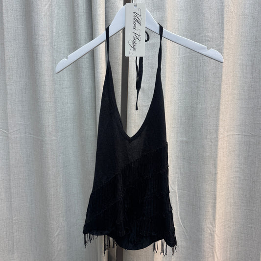 Morgan de Toi Sparkly Black Fringe Halter Top