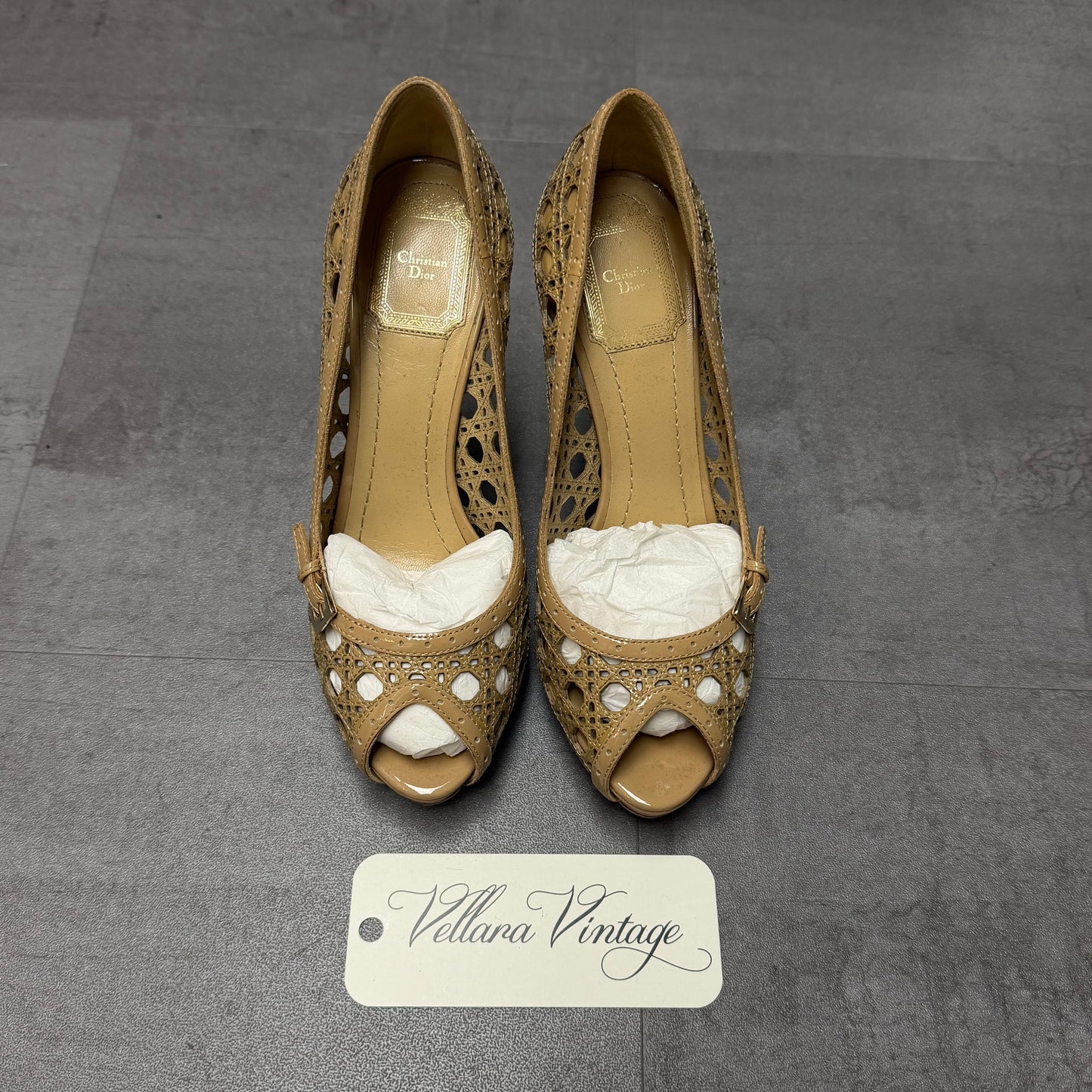 Christian Dior Tan Peep-toe Pumps with Cannage Cutout Pattern