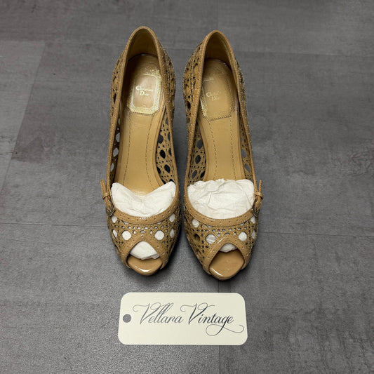 Christian Dior Tan Peep-toe Pumps with Cannage Cutout Pattern