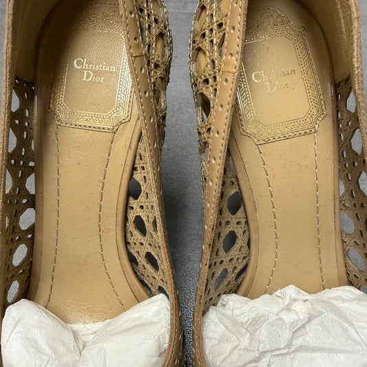 Christian Dior Tan Peep-toe Pumps with Cannage Cutout Pattern