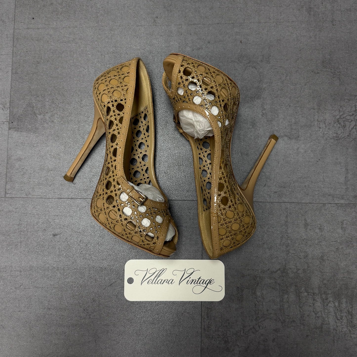 Christian Dior Tan Peep-toe Pumps with Cannage Cutout Pattern