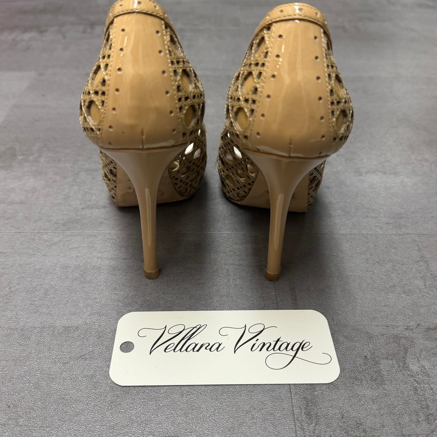 Christian Dior Tan Peep-toe Pumps with Cannage Cutout Pattern