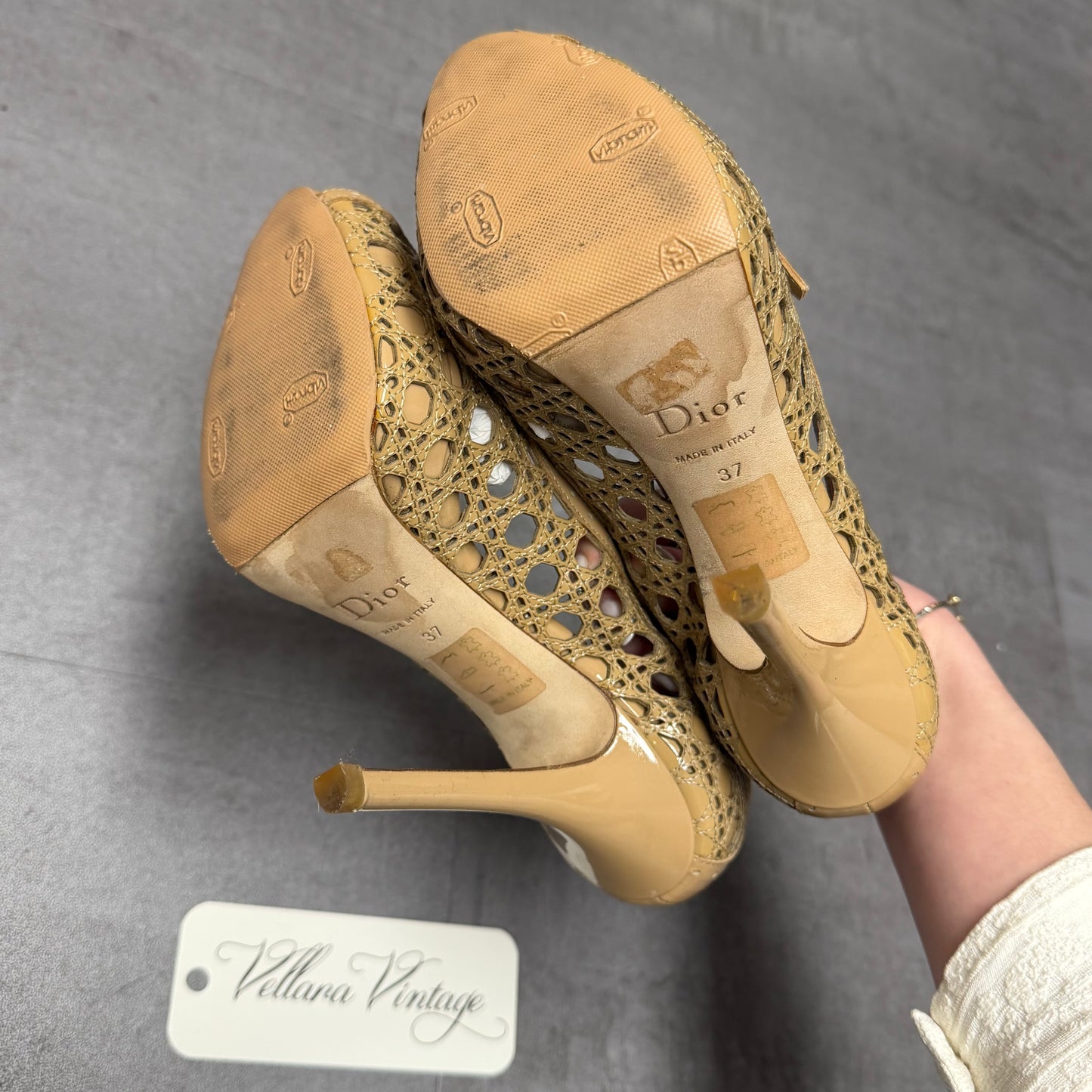 Christian Dior Tan Peep-toe Pumps with Cannage Cutout Pattern