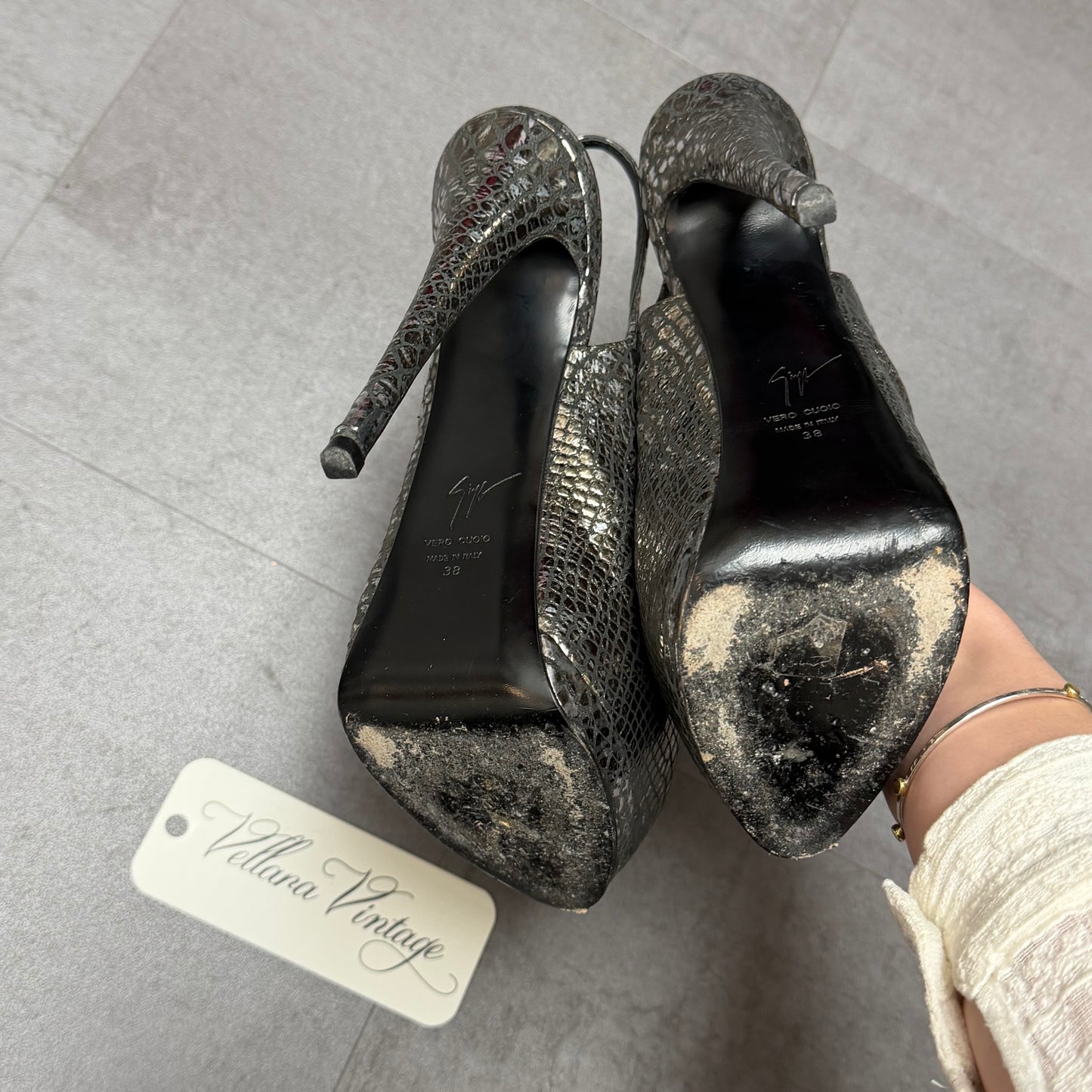 Giuseppe Zanotti Grey Python Leather Slingback Platform Heels