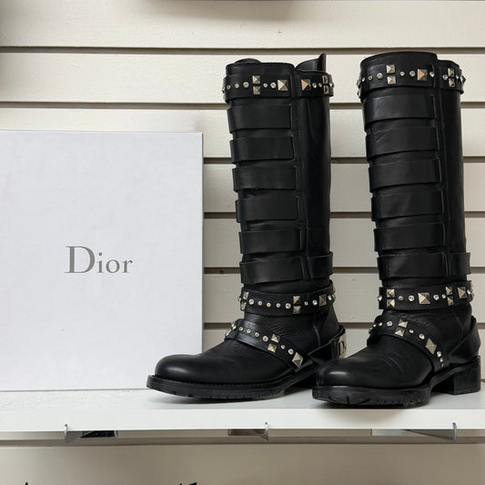 Christian Dior Studded Black Leather Biker Boots