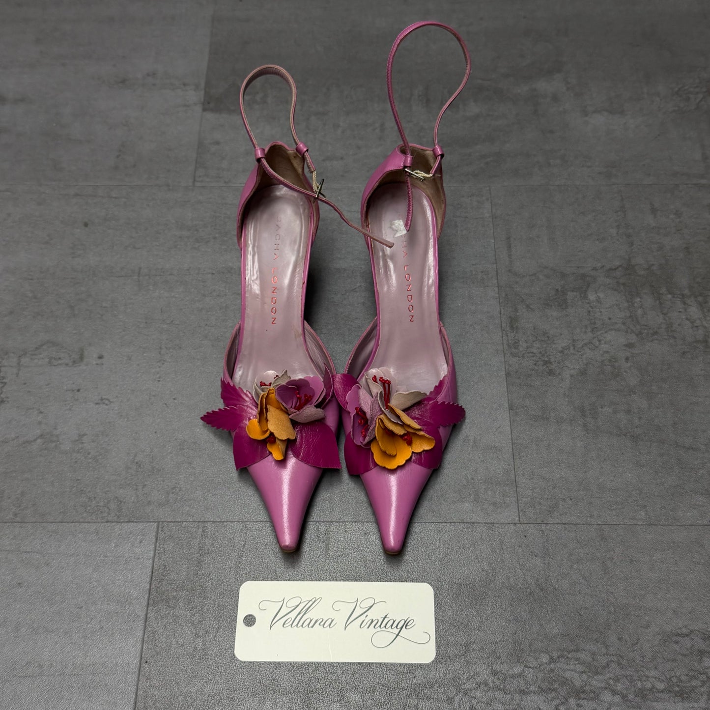 Pink Floral Pointed-Toe Leather Heels