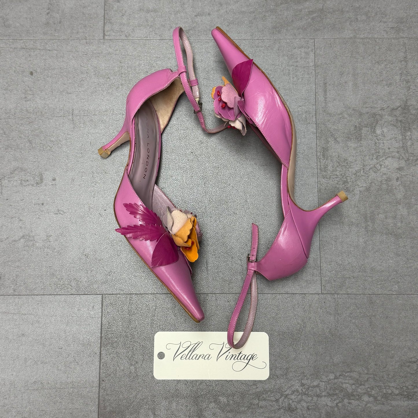 Pink Floral Pointed-Toe Leather Heels