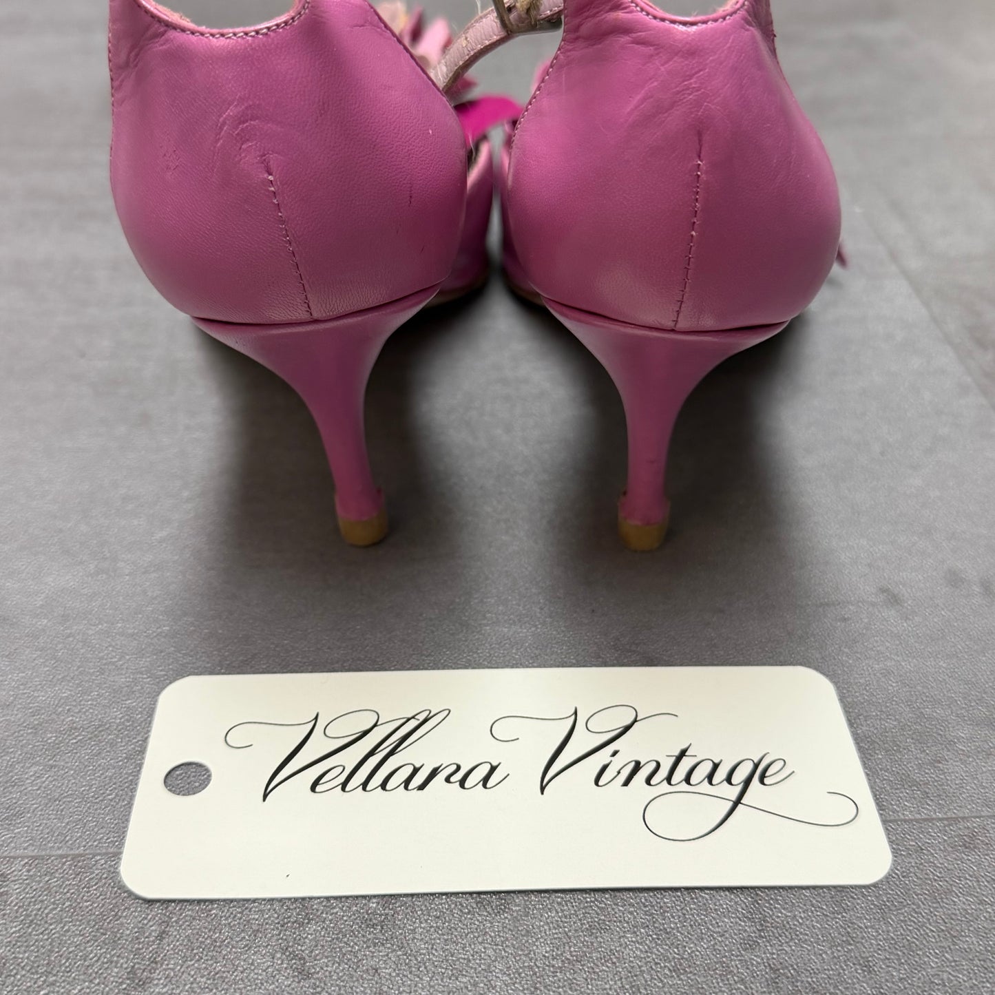 Pink Floral Pointed-Toe Leather Heels