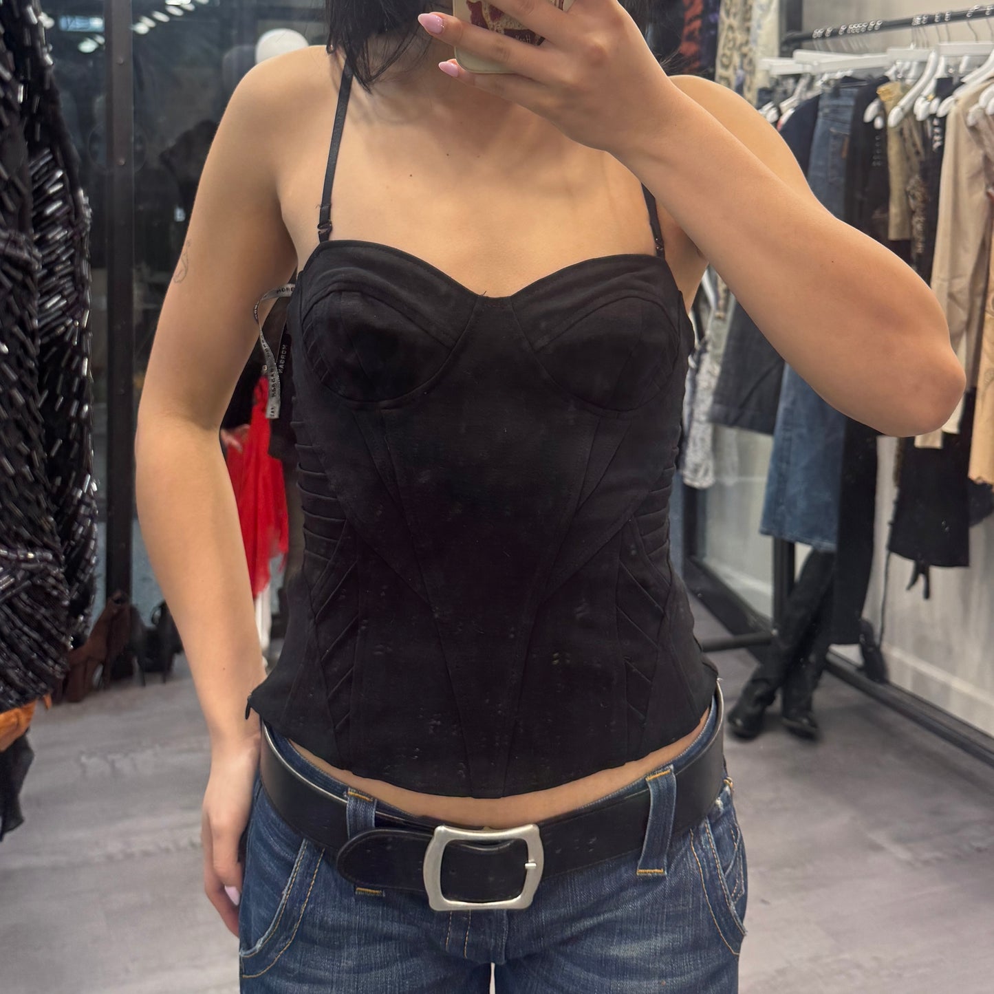 Morgan De Toi Black Corset-Style Tank Top