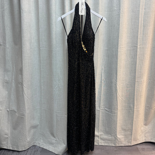 Black Beaded Silk Halter Maxi Evening Gown