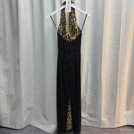Black Beaded Silk Halter Maxi Evening Gown