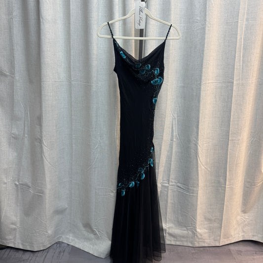 Blue Floral Beaded Maxi Evening Gown