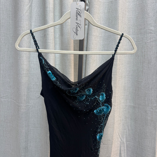 Blue Floral Beaded Maxi Evening Gown