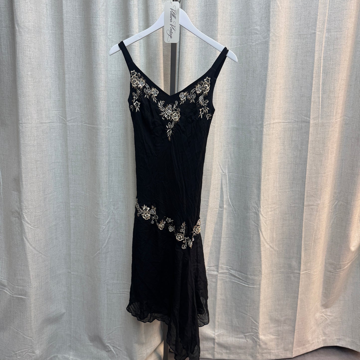 Black Floral Embroidered Asymmetrical Slip Dress