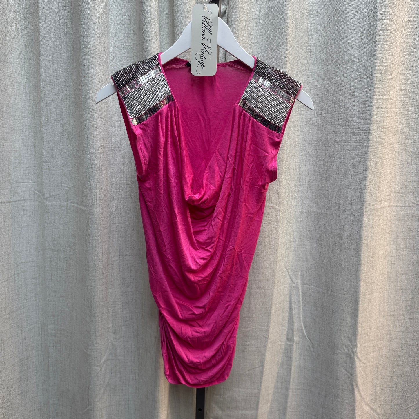 Bebe Hot Pink Cowl Neck Silver Embellished Shoulder Sleeveless Top