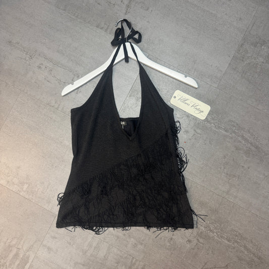 Morgan De Toi Black Sparkly Fringe Halter Top