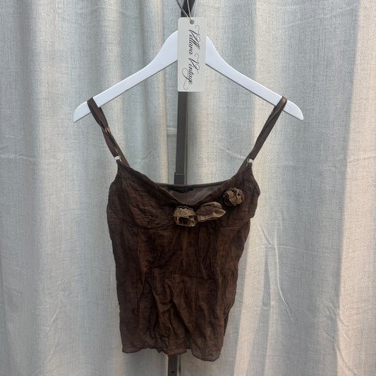 Brown Lace Mesh Floral Appliqué Tank Top